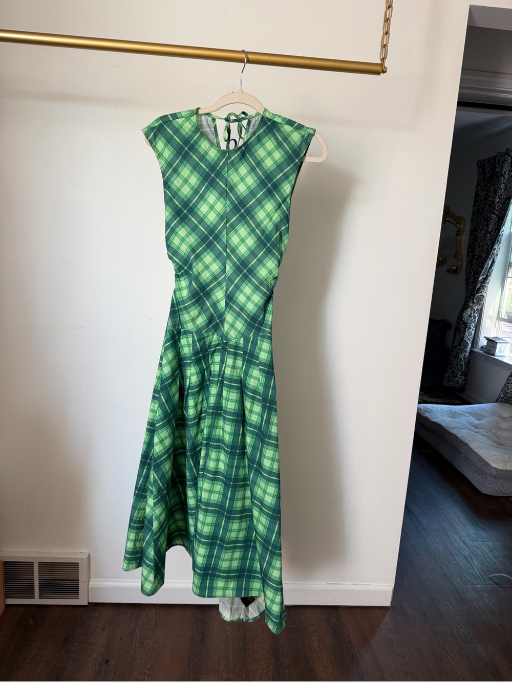 Green Plaid Open Back asymmetrical dress